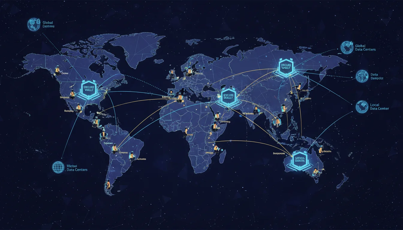A stylized world map focusing on the Asia-Pacific (APAC) and South Asia regions. Connect various remote employees working from different cities in these regions with lines representing data flow to global data centers, some showing signs of latency (e.g., slightly broken or dotted lines, or subtle visual delays). Highlight secure, localized data centers or digital vaults in specific regions (e.g., Japan, Singapore, India) to represent data sovereignty. The image should convey global collaboration, data residency challenges, and secure, distributed infrastructure with a modern, interconnected, and slightly abstract feel.