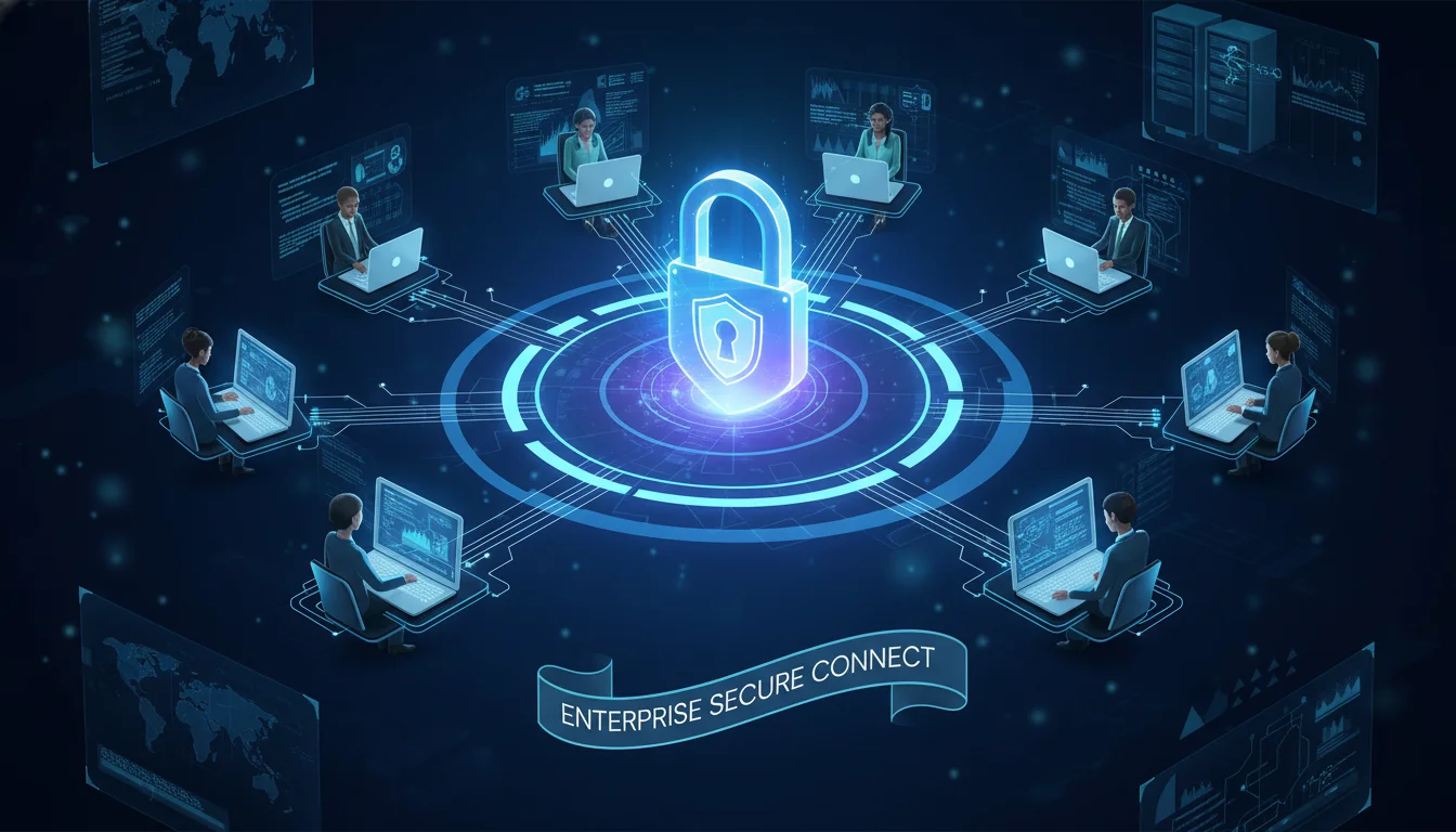 A futuristic, sleek illustration showing a secure digital lock icon glowing brightly, surrounded by abstract representations of global remote team members collaborating securely on laptops and tablets, with network lines connecting them, all against a dark blue, high-tech background. Emphasize security, connectivity, and enterprise-level protection.