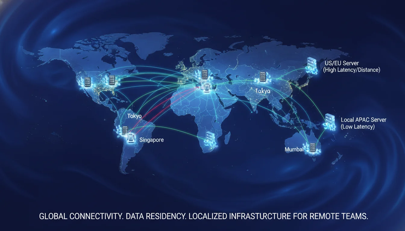 A world map with glowing network lines connecting different regions, specifically highlighting the Asia-Pacific (APAC) and South Asia. Data centers are visually represented by glowing server racks or abstract structures in key cities like Tokyo, Singapore, Mumbai, and Kathmandu. Red lines or indicators show 'latency' or 'distance' between a user device in Kathmandu and a distant server in the US or EU, contrasting with shorter, faster green lines to a local APAC data center. The image should convey global connectivity, data residency challenges, and the importance of localized infrastructure for remote teams.