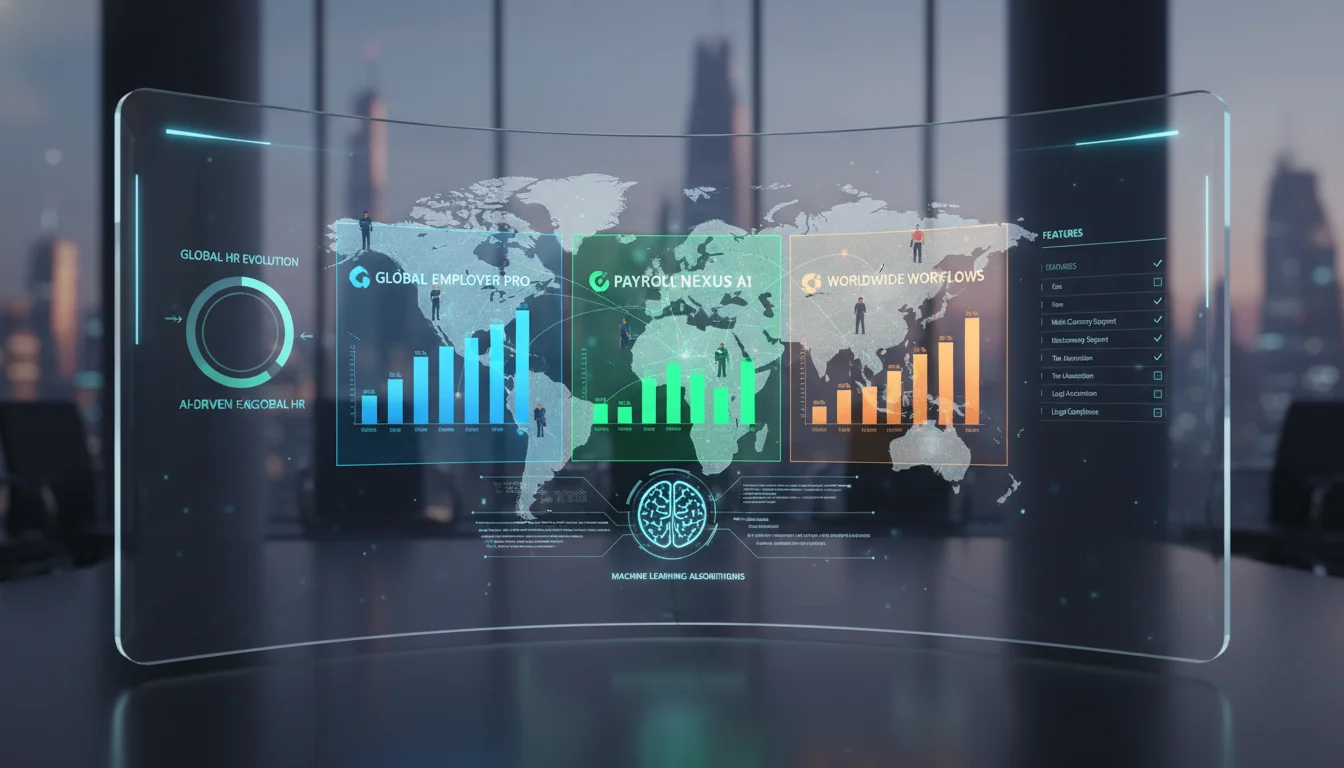 A futuristic digital interface displaying a comparative analysis of three global Employer of Record (EOR) and payroll software platforms. The image should feature interconnected global networks, data visualizations, subtle AI elements, and a diverse remote workforce collaborating across continents, symbolizing the strategic evolution of global HR and technology. Clean, professional aesthetic.