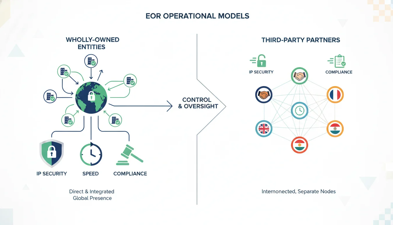 An infographic-style image illustrating two distinct EOR operational models: one side showing 'wholly-owned entities' with direct, integrated global presence, and the other side showing 'third-party partners' with interconnected but separate nodes. The image should convey speed, compliance, and IP security, with a clean, professional design.