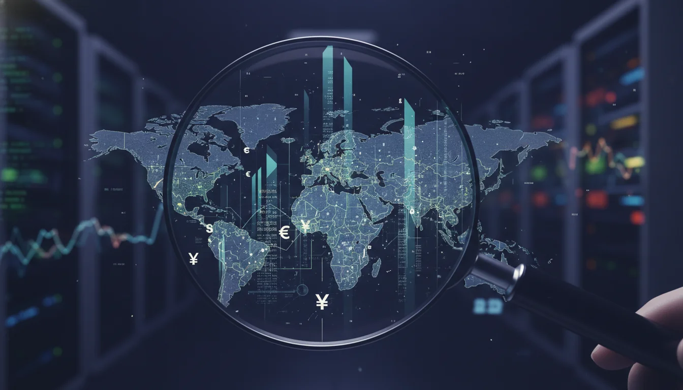 A magnifying glass revealing hidden numbers and complex financial data on a global map, with intertwined currency symbols and abstract corporate structures, symbolizing the detailed financial analysis of Employer of Record (EOR) platform costs and global employment. Dark, analytical tone.