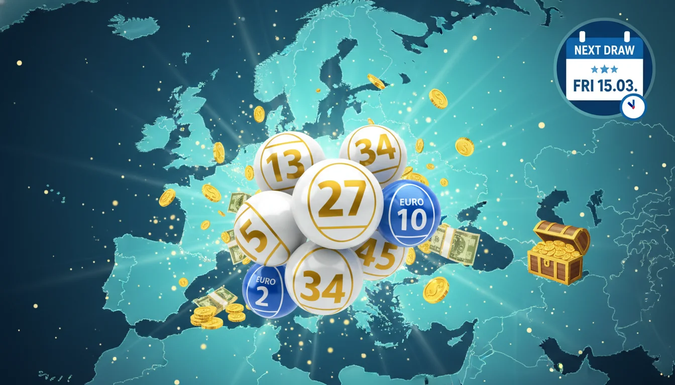 A vibrant digital illustration of Eurojackpot lottery balls with winning numbers, set against a backdrop of a subtle, illuminated map of Europe, symbolizing the transnational nature. Include elements of money or prize pools and a calendar icon indicating the 'next draw'. Focus on a professional, clear, and exciting aesthetic.