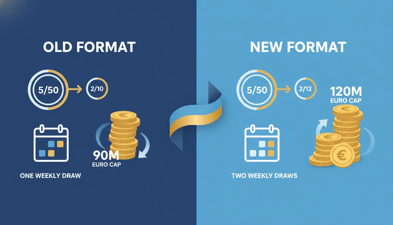 A dynamic infographic illustrating the evolution of the Eurojackpot lottery. Show two distinct phases: an 'old' matrix (5/50 + 2/10) with one weekly draw and a 90M Euro cap, then a 'new' matrix (5/50 + 2/12) with two weekly draws and a 120M Euro cap. Use clear visual elements like expanding number pools, a calendar symbol changing from one to two days, and a rising jackpot value. Keep it professional and visually engaging.