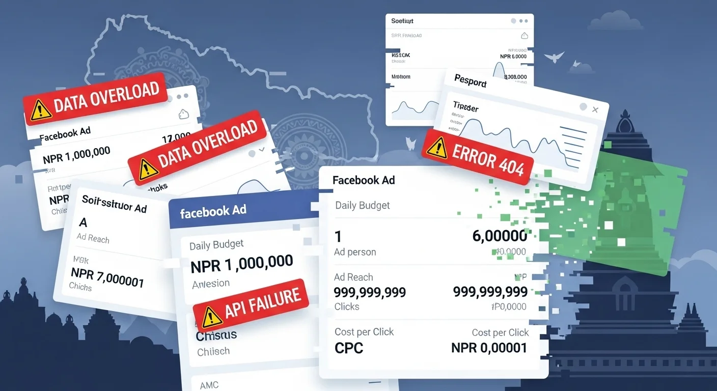 A cluttered and glitching digital marketing dashboard showing red error messages and wildly inaccurate Facebook ad performance data, subtly set within a Nepali context.