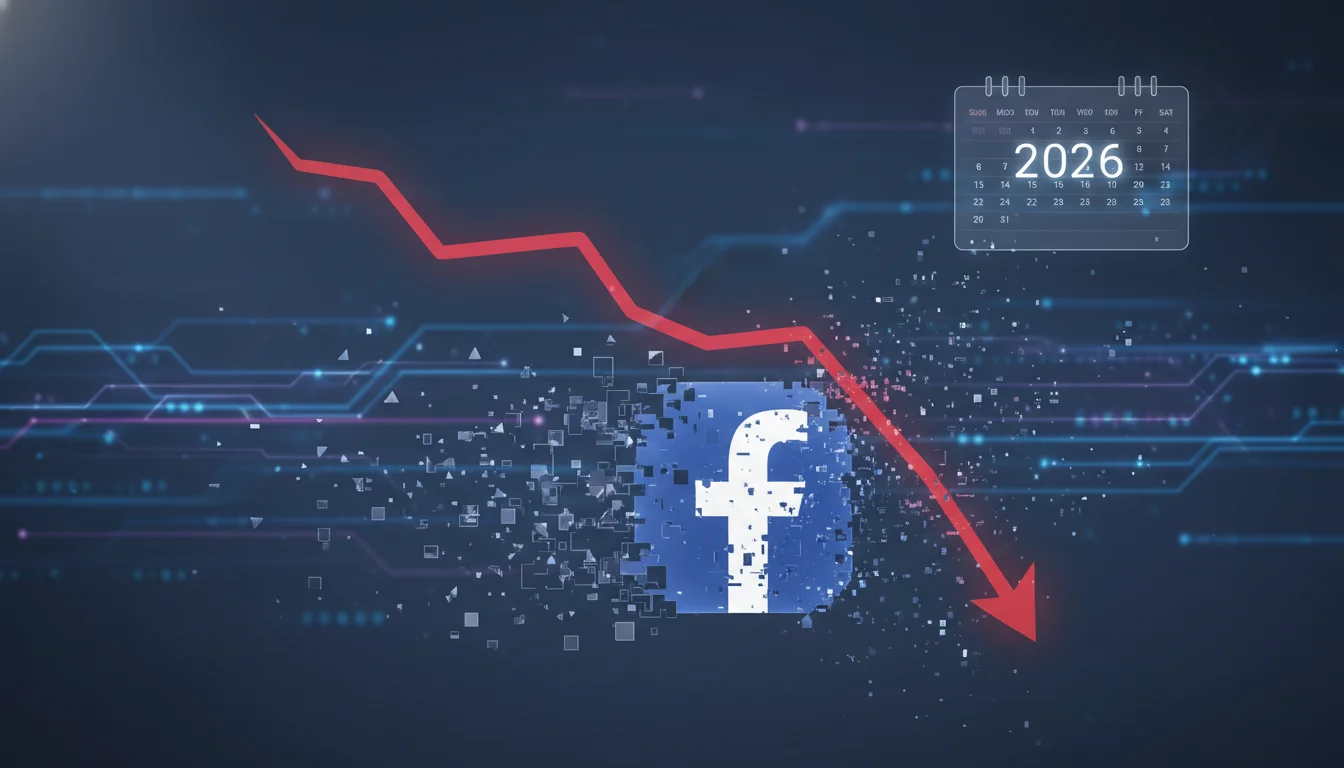 Abstract representation of Facebook organic reach decay. A graph showing a steep downward trend, with digital fragments scattering around a fading Facebook logo. In the background, subtle futuristic data streams and a calendar showing '2026'. Emphasize decline, data analysis, and a slightly somber, analytical tone.