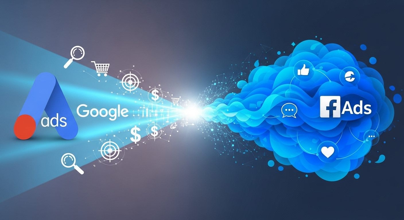 A dynamic digital landscape where the precise, intent-driven beam of Google Ads converges with the expansive, discovery-led cloud of Facebook Ads, symbolizing their powerful, unified marketing strategy.