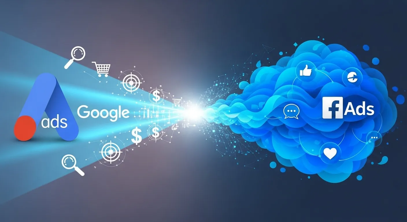 A dynamic digital landscape where the precise, intent-driven beam of Google Ads converges with the expansive, discovery-led cloud of Facebook Ads, symbolizing their powerful, unified marketing strategy.
