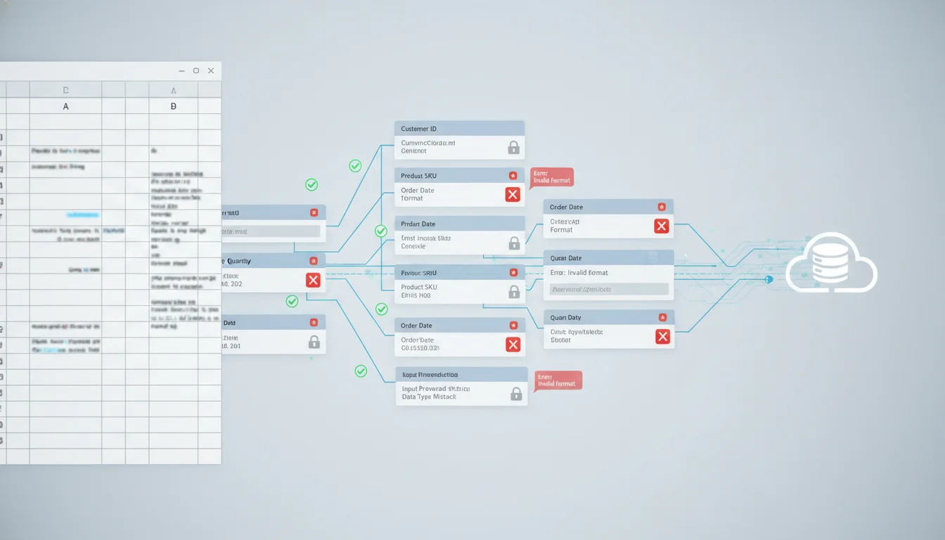A conceptual image illustrating a spreadsheet transforming into a structured, relational database-like interface. Data rows are depicted with validation checkpoints, and errors are visually flagged or prevented at the input stage, emphasizing precision and structured data integrity. The style should be modern and clean.