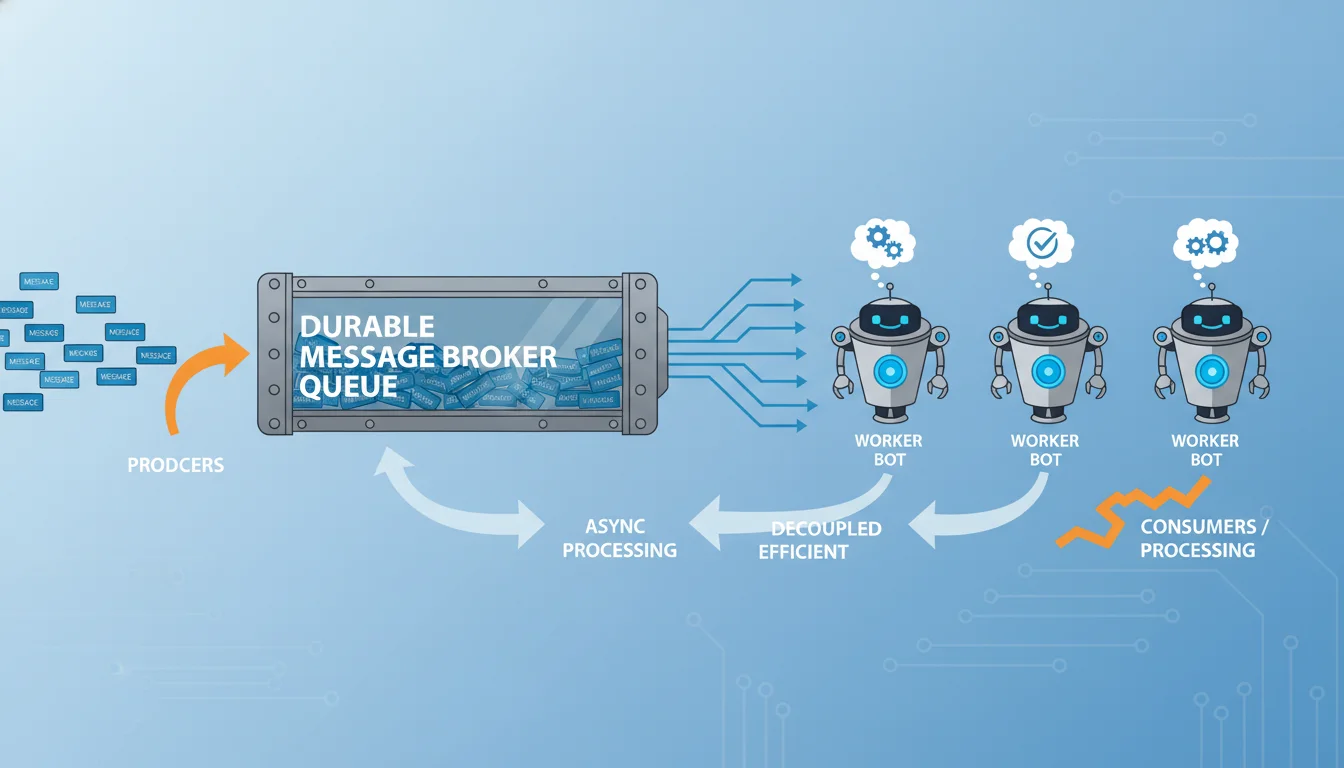 A diagrammatic illustration of an asynchronous Queue-Worker pattern. Data packets (messages) flow into a durable message broker (depicted as a robust pipeline or container) from one side, and multiple 'worker' bots or machines on the other side process these messages independently and asynchronously. The overall visual should convey a sense of decoupled, robust, and efficient processing.