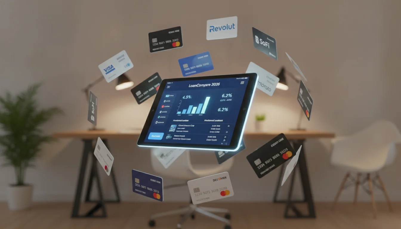 A professional 3D digital scene of several different branded credit cards and digital bank logos floating around a central tablet showing a loan comparison app. The background is a clean, modern home office with soft bokeh. Warm lighting, sharp focus on the digital screen, illustrating the variety of 2026 financial lenders. High detail, photorealistic.
