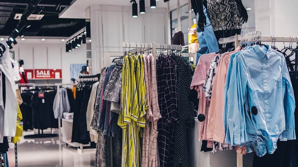 Racks of shirts and blouses on hangers inside a clothing store