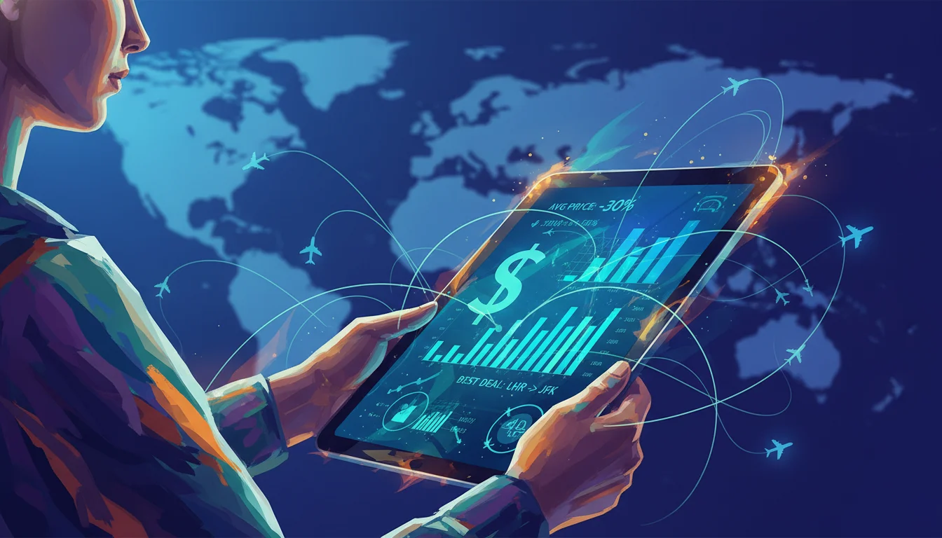 An abstract depiction of a traveler holding a tablet displaying flight data and analytics, with a background featuring a subtle world map, network lines, and miniature airplanes. Emphasize smart, data-driven travel to find cheap flights. Digital art, vibrant colors.