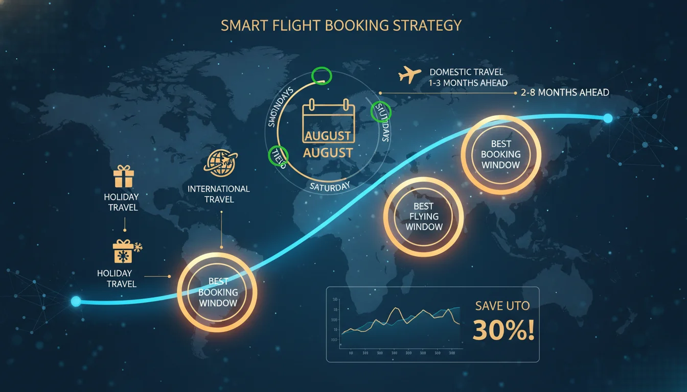 A dynamic infographic or digital art piece illustrating a parabolic flight booking curve with highlighted 'Goldilocks windows' for optimal purchasing. Integrate visual elements like a calendar with specific days (Sundays, Tuesdays, Wednesdays, Saturdays) and months (August, January) emphasized as best for booking or flying. Show small icons representing domestic, international, and holiday travel with their respective timeframes. Vibrant, data-driven aesthetic.