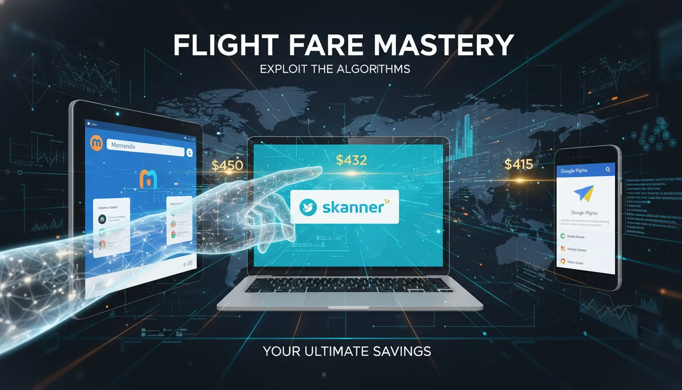 A modern, sleek interface of multiple flight metasearch engines (like Momondo, Skyscanner, Google Flights) displayed across different screens (tablet, laptop, smartphone), with a user's hand gesturing towards comparative flight deals. Emphasize the concept of 'mastery' and 'exploitation' of these tools to find the best fares. Digital art, clean lines, data visualization, diverse price points visible.
