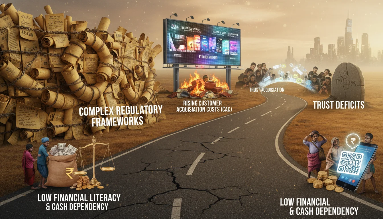 A visual representation of the key challenges in the Indian fintech sector. Show a path with obstacles: complex regulatory frameworks represented by intertwined legal documents, rising customer acquisition costs (CAC) symbolized by expensive advertisements, and trust deficits depicted by wary consumers. Also include elements like traditional cash transactions contrasting with digital payment symbols, illustrating the challenge of low financial literacy and cash dependency.