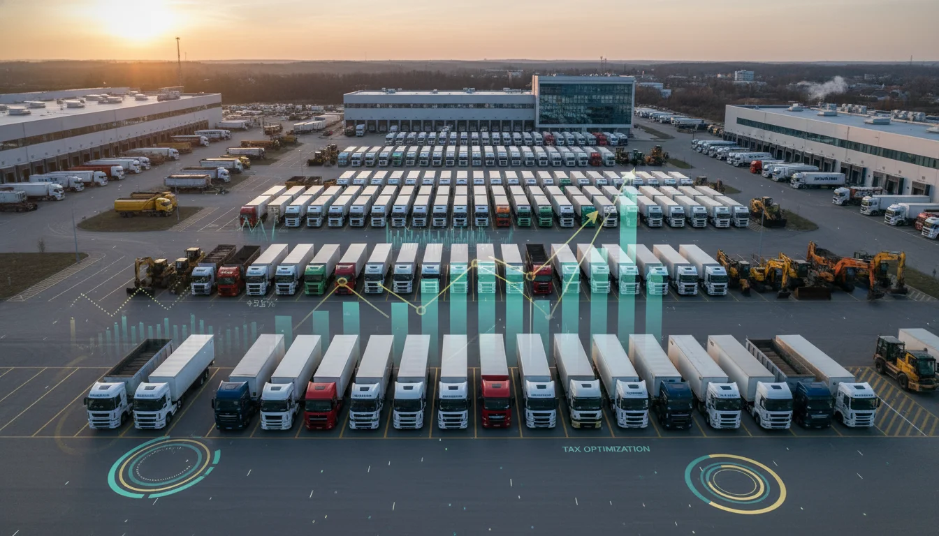 A cinematic high-angle shot of a large fleet of modern commercial trucks and heavy construction machinery parked in an organized logistical yard, overlaid with subtle glowing digital financial charts and data visualizations representing growth and tax optimization, realistic 8k resolution, professional architectural photography style.