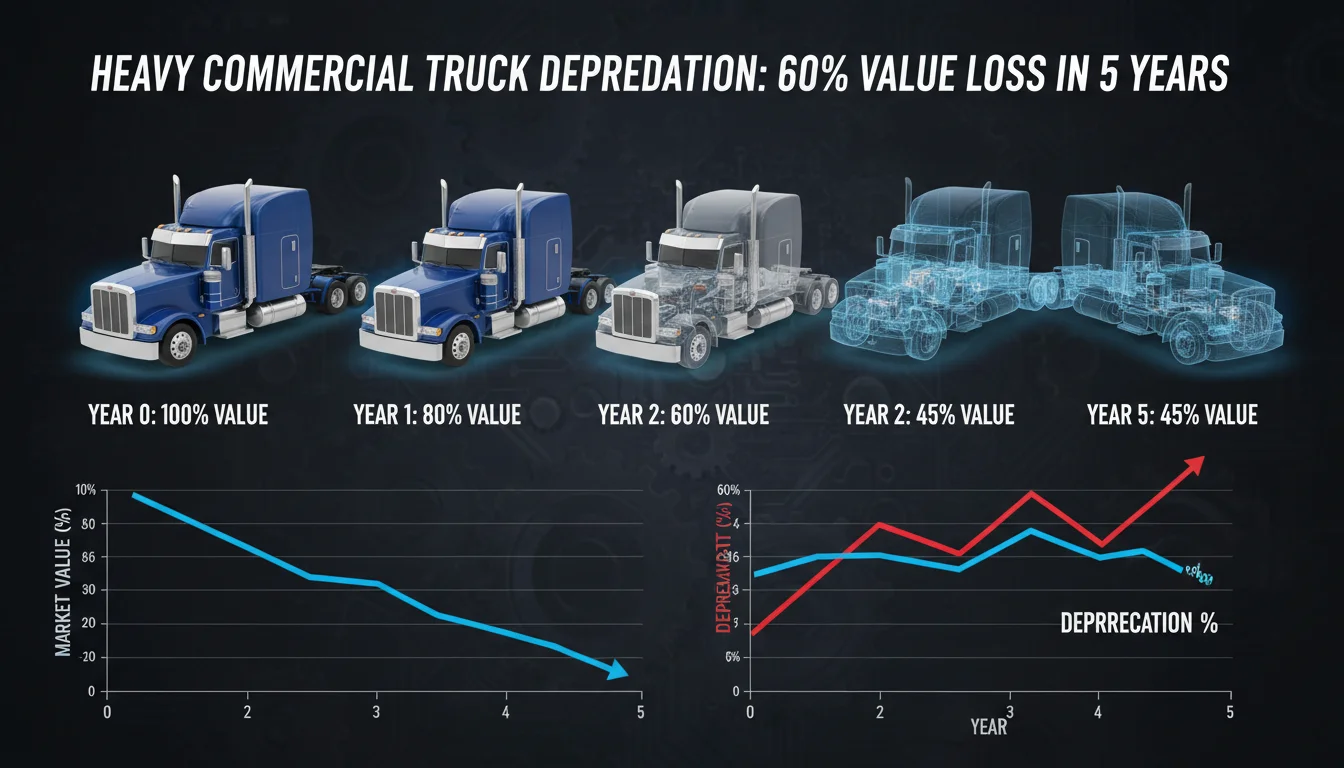 A detailed 3D infographic showing the rapid depreciation of a heavy commercial truck over five years, with the truck getting progressively more translucent as its market value drops, accompanied by realistic line graphs showing the 60 percent value loss against professional industrial background.