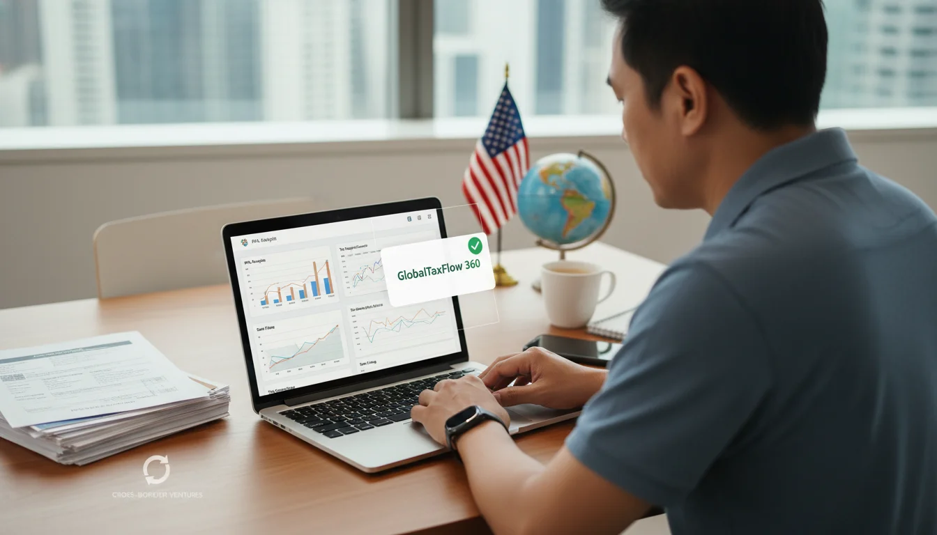 A professional image depicting a person from a non-US country managing their US-based LLC finances on a laptop, with charts and digital compliance tools visible on the screen. Integrate subtle elements of global business, tax documents, and a US flag in the background, conveying modern financial management and cross-border operations.