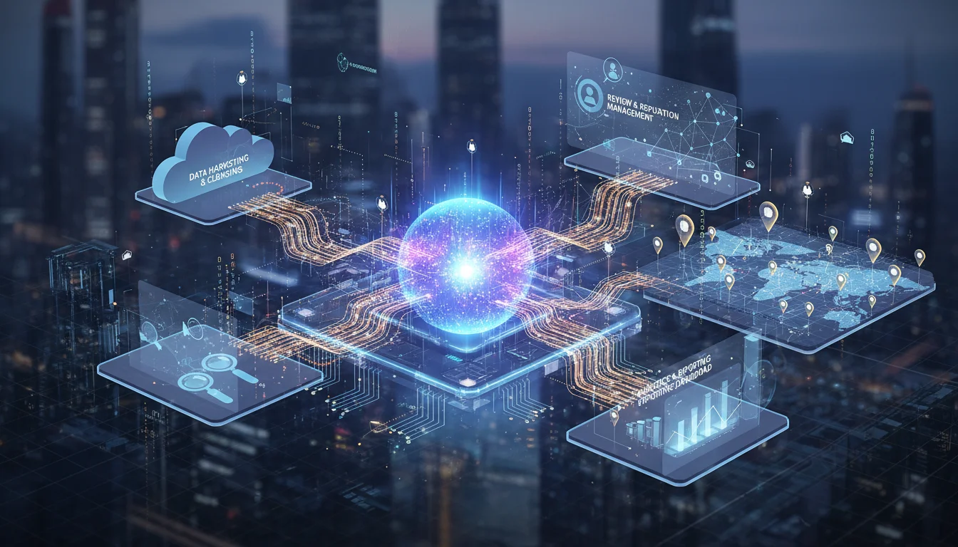 A visually compelling image of interconnected digital platforms forming an advanced 'tech stack' for enterprise franchise local search. Show abstract elements like glowing data streams, numerous stylized map pins spreading across a network, and a central hub of automation. Incorporate subtle hints of AI integration, conveying scale, efficiency, and modern digital presence management for multi-location businesses.