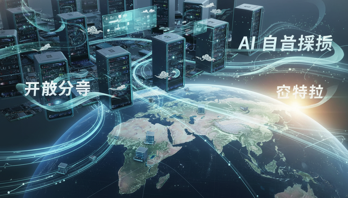 A digital illustration showing advanced microchips and servers, some with subtle Chinese design elements, representing domestic hardware self-sufficiency in AI. Emphasize cost-efficiency, open access, and a shift away from traditional compute monopolies. Include flowing data streams and a global reach, but with a focus on non-Western infrastructure.