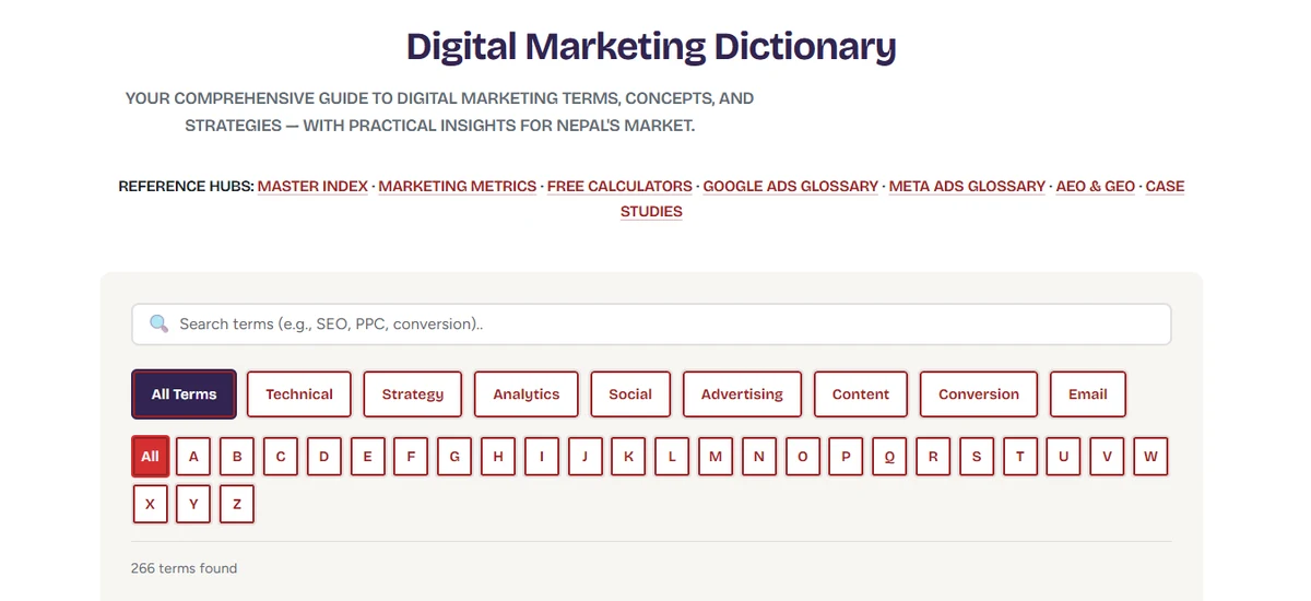 The digital marketing dictionary page with a search box, category filters such as Technical, Strategy, Analytics and Advertising, and an A to Z index