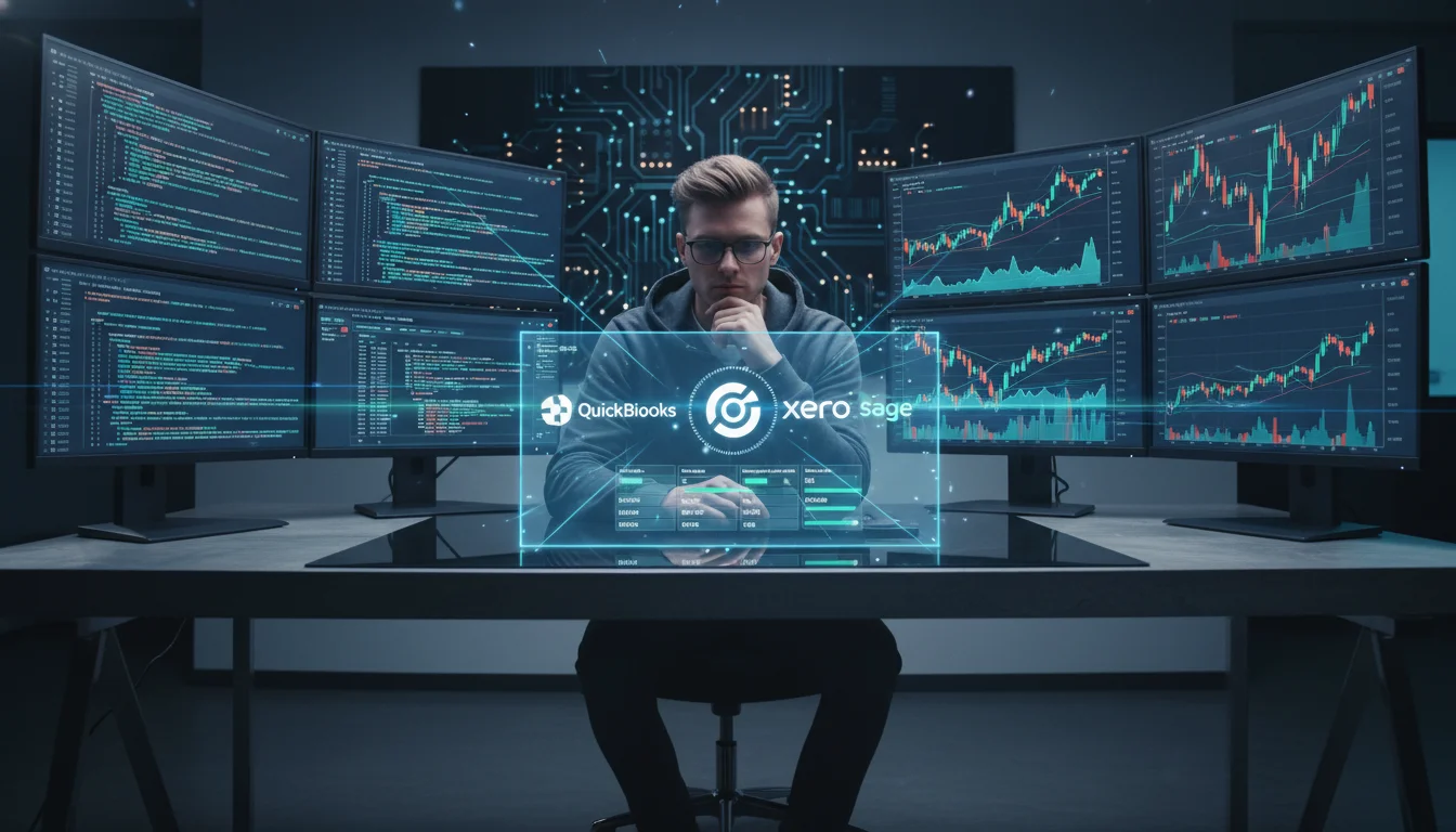 A modern freelance software developer sits at a clean desk, surrounded by multiple glowing screens displaying code and financial charts. A transparent overlay or hologram shows different accounting software logos and comparative data points, suggesting a comprehensive evaluation. The developer is focused, with a subtle futuristic aesthetic, emphasizing automation and financial clarity. Bright, technical lighting, digital lines connecting various elements.