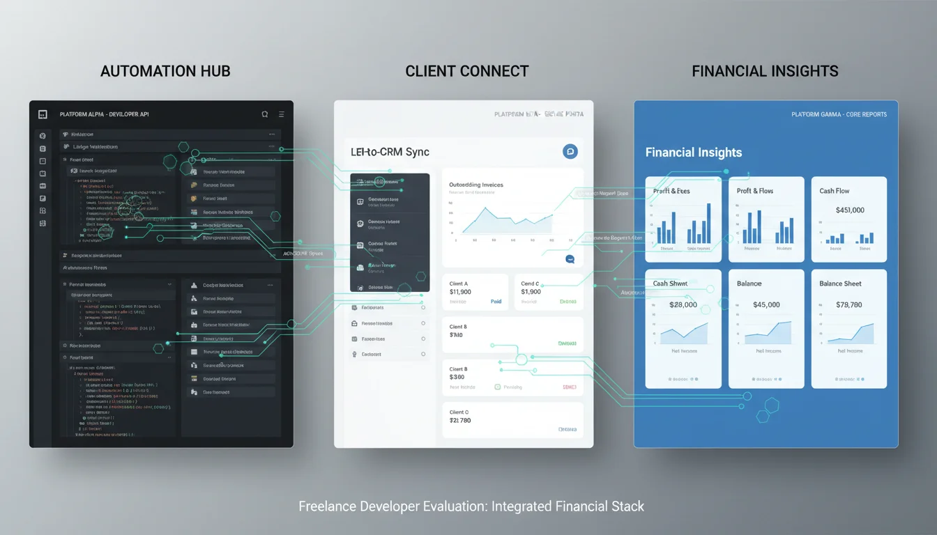 A triptych or three-panel visual showcasing distinct modern accounting software interfaces. Each panel represents a different commercial SaaS platform, with subtle visual cues highlighting their strengths: one with robust API documentation and code snippets for automation, another with a sleek, user-friendly client portal, and a third with clear, foundational financial reporting. Digital overlays or data flows connect them, implying integration possibilities for a freelance developer evaluating options. The overall aesthetic should be clean, professional, and slightly futuristic.
