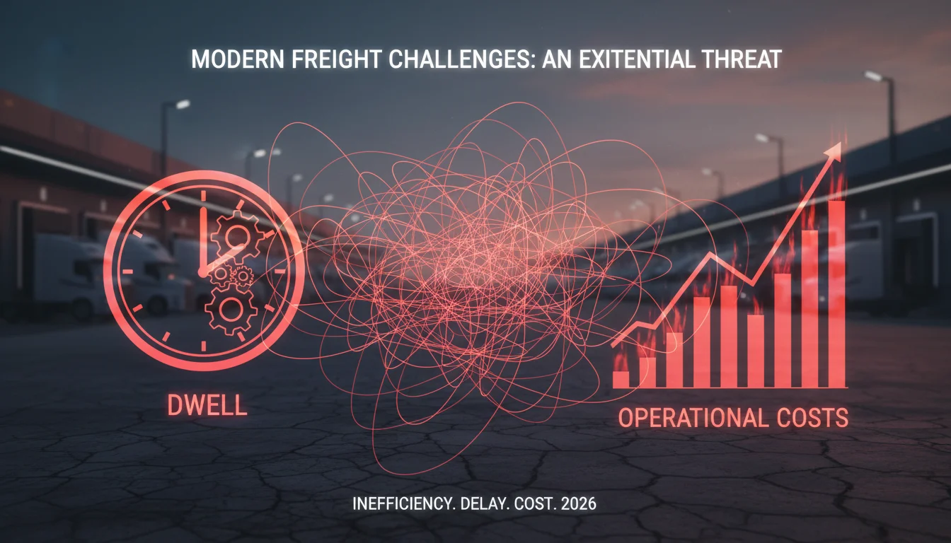 A conceptual image showing the challenges of the modern freight landscape: multiple overlapping red lines representing inefficient routes and empty miles, a clock icon emphasizing dwell time issues, and a rising bar chart for high operational costs, all superimposed over a blurry background of trucks and warehouses. The overall tone is urgent and complex, highlighting operational inefficiency and the 'existential threat' to logistics operations, with a futuristic 2026 aesthetic.