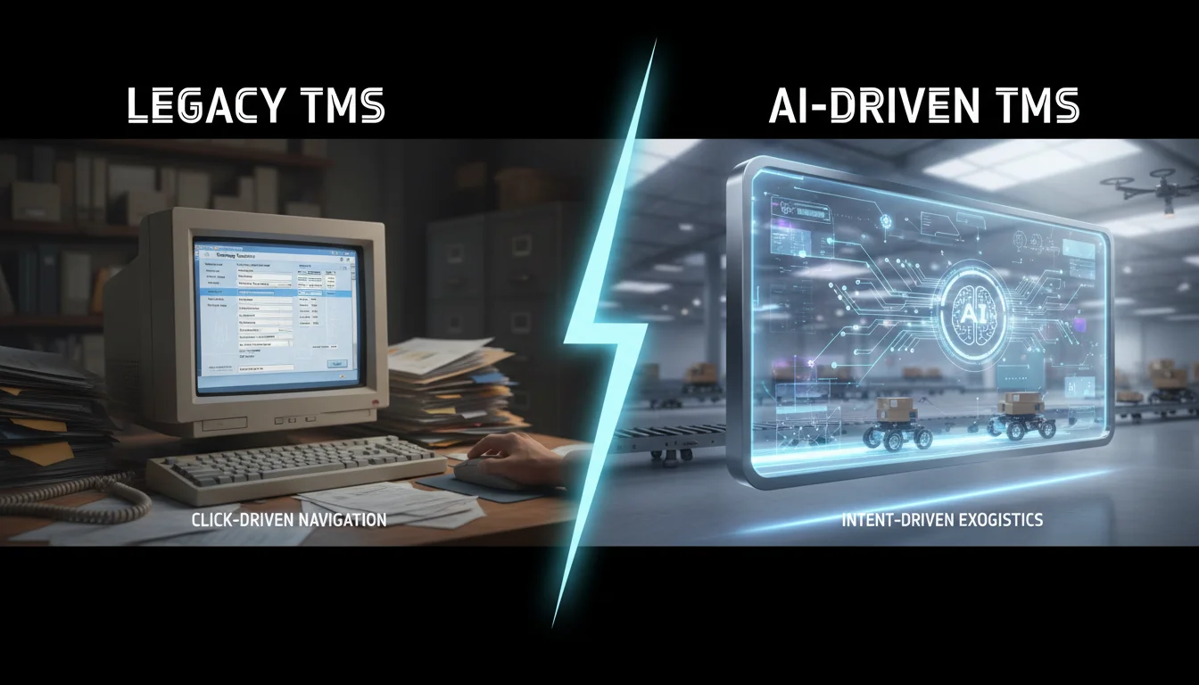 A split image or contrasting graphic representing the evolution of Transportation Management Systems (TMS). On one side, a cluttered, old-fashioned computer screen displaying manual data entry forms and paper documents, labeled 'Legacy TMS.' On the other side, a sleek, modern digital interface with glowing AI elements, autonomous robots, and streamlined data flows, labeled 'AI-Driven TMS.' The image should visually convey a shift from 'click-driven navigation to intent-driven execution,' with a futuristic and efficient aesthetic.