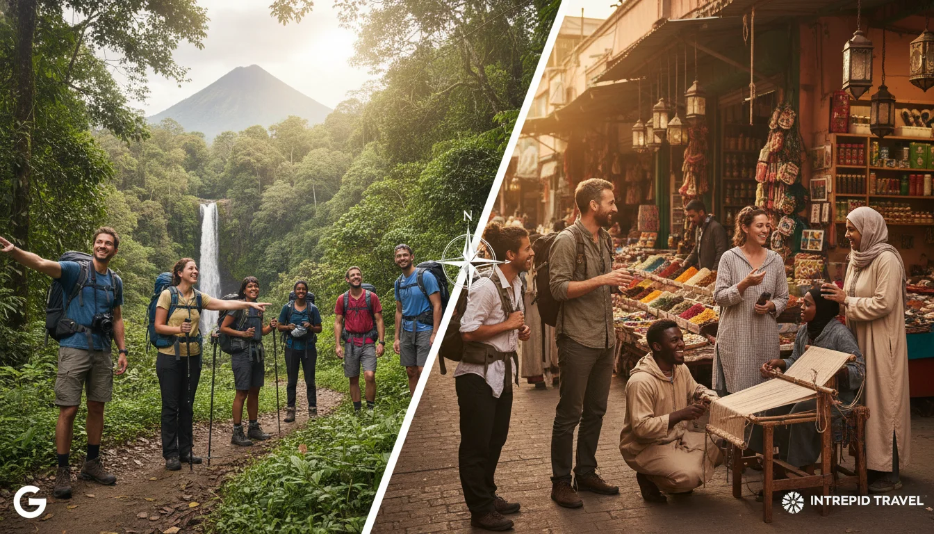 A split image vividly comparing two small-group adventure travel experiences. One side shows a G Adventures group trekking through a vibrant, natural landscape with a sense of excitement and exploration. The other side depicts an Intrepid Travel group engaging respectfully with local culture in a bustling market or village, highlighting immersive and sustainable travel. Emphasize ethical tourism, diverse travelers, and a global feel. Photo realistic, high resolution.