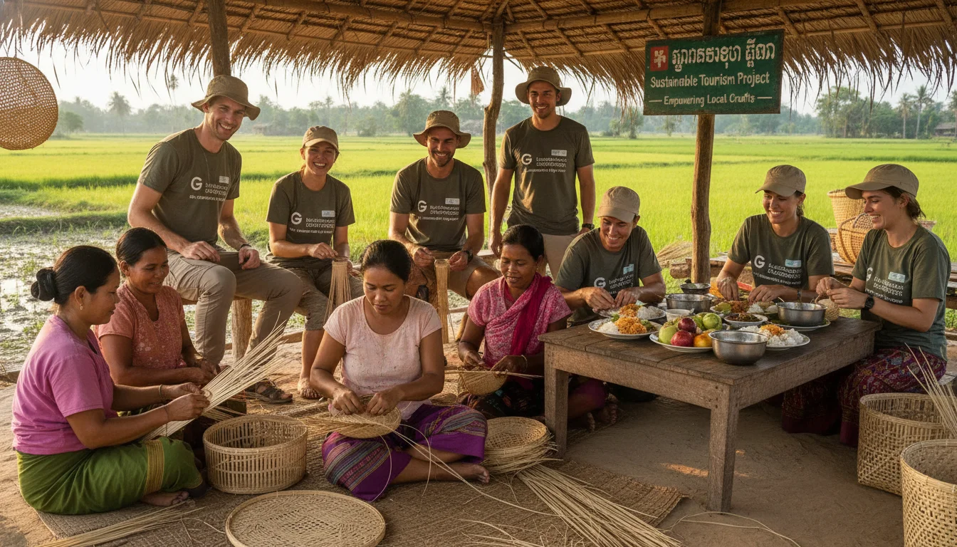 A vibrant image depicting a small group of diverse travelers from G Adventures actively participating in a community-based tourism project in a developing country. Show them interacting positively with local artisans or farmers, perhaps learning a traditional craft or sharing a meal prepared by a Planeterra-supported enterprise. Emphasize genuine connection, sustainable practices, and local economic empowerment. Photo realistic, bright, warm colors.