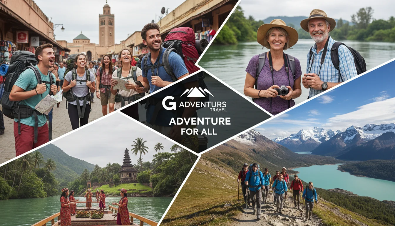 A dynamic collage or multi-scene image illustrating the diverse range of adventure travel styles offered by G Adventures and Intrepid Travel. Include scenes of young backpackers exploring a city, a mature couple enjoying a comfortable cultural tour, and a group trekking in mountains. Showcase different demographics and activity levels, from relaxed cultural immersion to active outdoor pursuits, emphasizing inclusivity and variety. Photo realistic, diverse landscapes, happy travelers.