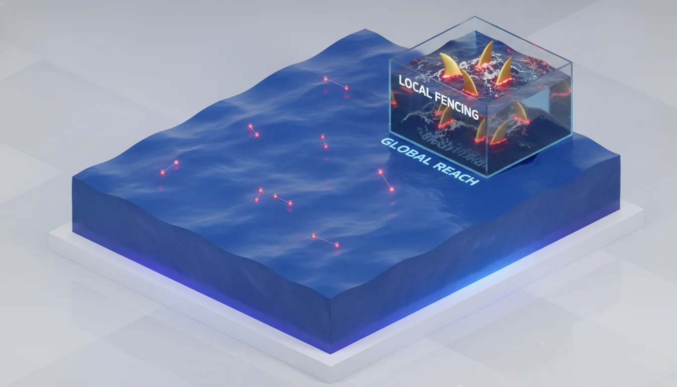 A minimalist 3D isometric map showing a vast, open blue ocean representing global reach, transitioning into a small, glass-walled aquarium filled with aggressive, golden shark fins representing hyper-competitive local geo-fencing. Sleek corporate design with glowing data points.