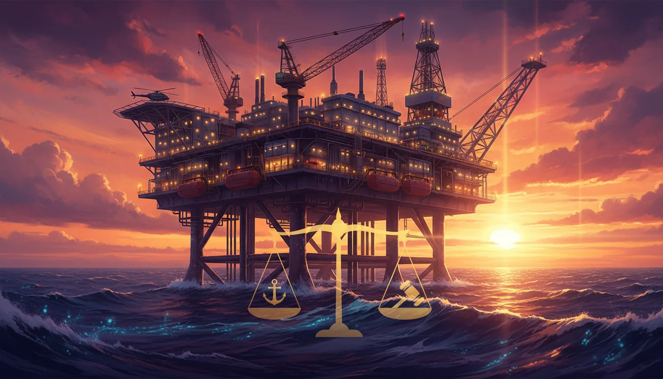 A cinematic, high-detail digital illustration of a massive offshore oil rig in the ocean under a dramatic sunset, with a symbolic gold justice scale overlaid faintly in the foreground to represent maritime legal systems.