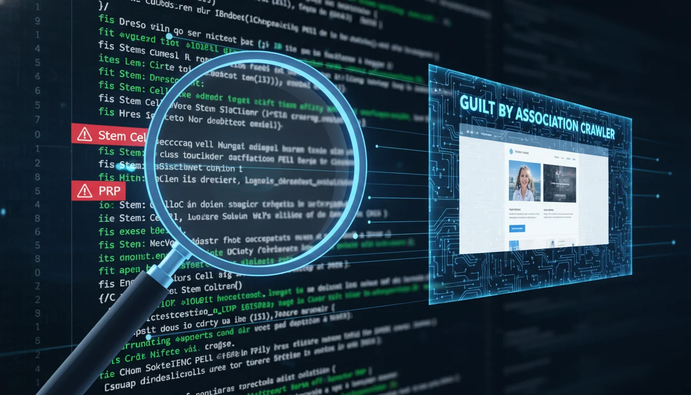 A conceptual digital illustration showing a magnifying glass scanning a website's background code. Some keywords like 'Stem Cell' and 'PRP' are highlighted with red warning icons, while a separate landing page is visually siloed behind a blue digital firewall, representing the 'Guilt by Association' crawler mechanism. Clean, professional tech aesthetic.