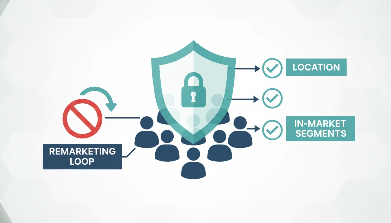 An infographic-style illustration depicting a data privacy shield over a group of stylized patient icons. To the left, a 'Restricted' sign blocks a remarketing loop, while to the right, green checkmarks highlight allowed targeting vectors like 'Location' and 'In-Market Segments'. Soft medical colors: teal, white, and navy.