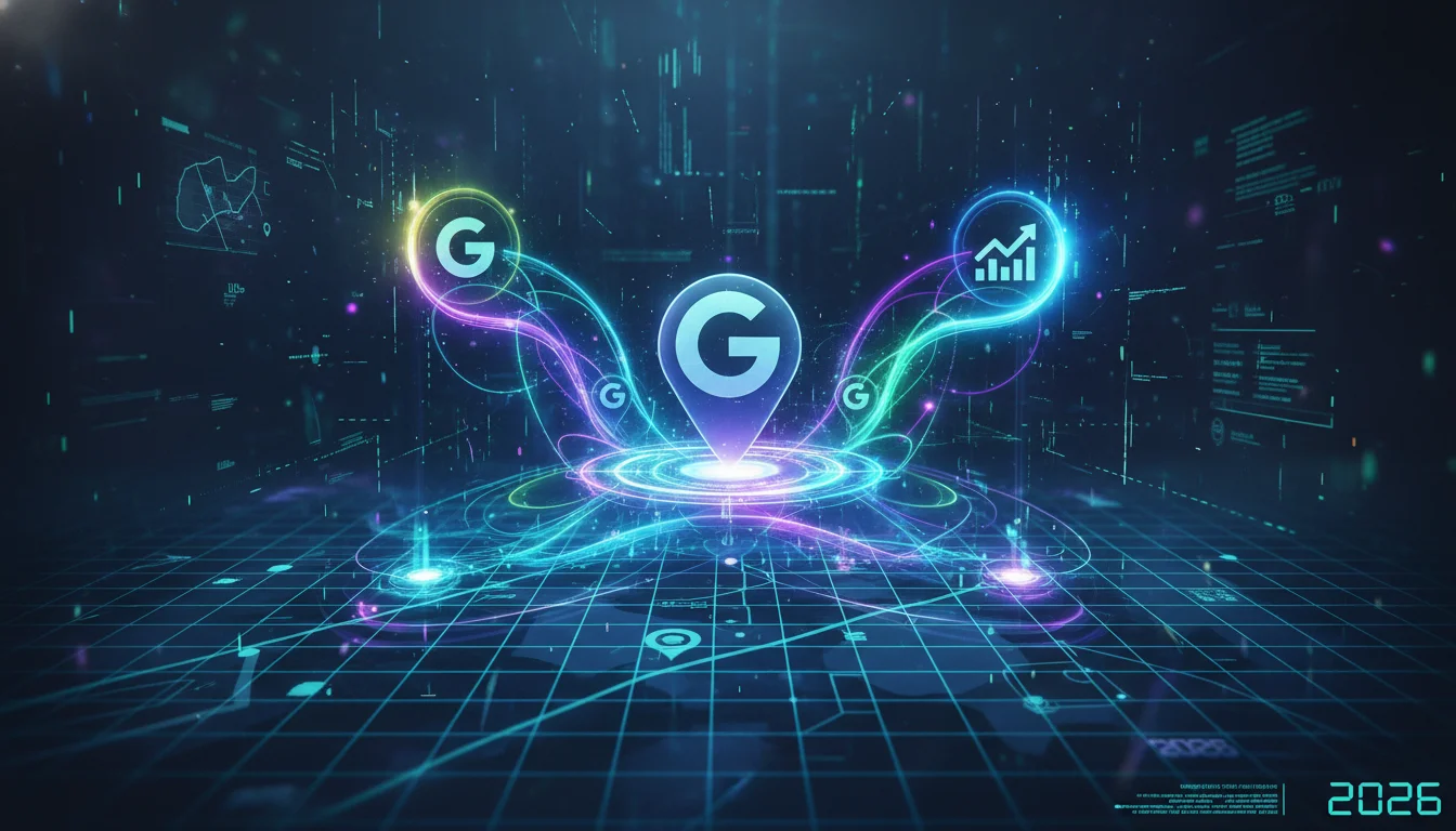 Abstract illustration showing interconnected Google Ads, Google Business Profile, and Google Maps icons forming a unified network. AI-powered glowing lines link them, superimposed over a digital map interface, symbolizing advanced local SEO integration in 2026. Futuristic, digital art style.