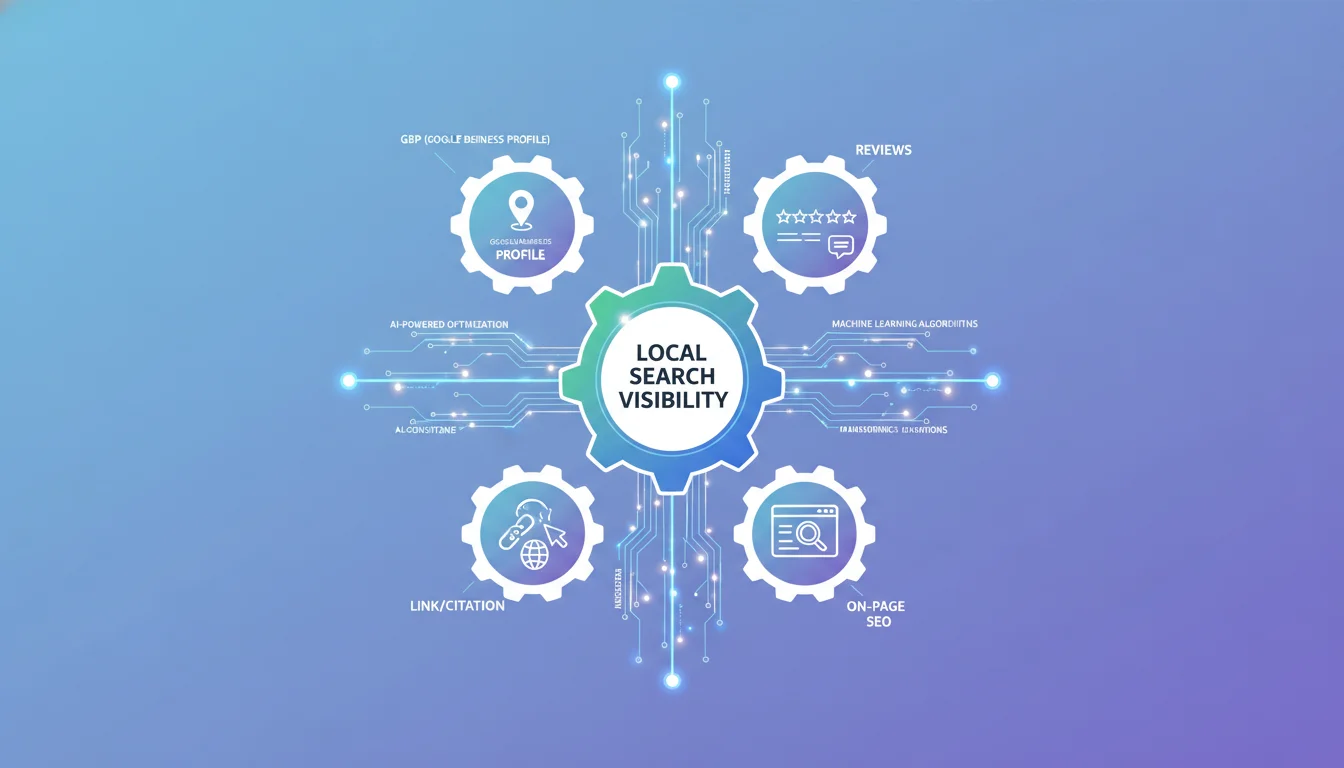 An infographic-style illustration depicting the various Google local SEO ranking signals (GBP, Reviews, On-Page, Behavioral, Link/Citation) as interconnected gears or nodes, with AI-powered lines flowing between them, emphasizing their combined contribution to local search visibility. Digital, clean design.