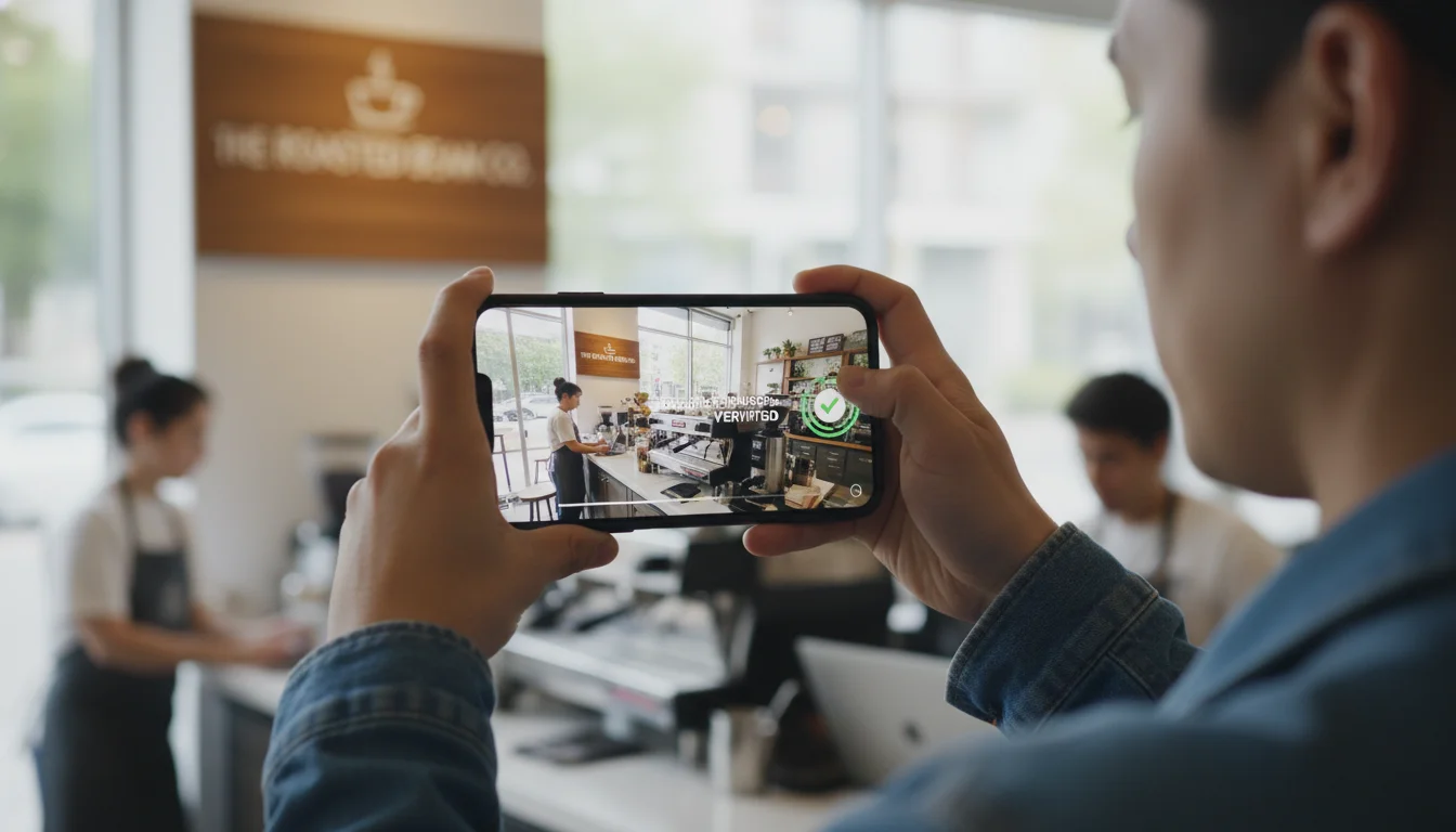 A dynamic shot of a person holding a smartphone, recording a continuous video for Google Business Profile verification. The scene shows snippets of a business's exterior signage, interior workspace, and branded equipment, all framed within the phone's screen, with a digital overlay of 'Verified' status or a green checkmark. Emphasize the detailed and seamless recording process. Modern, realistic photo style.