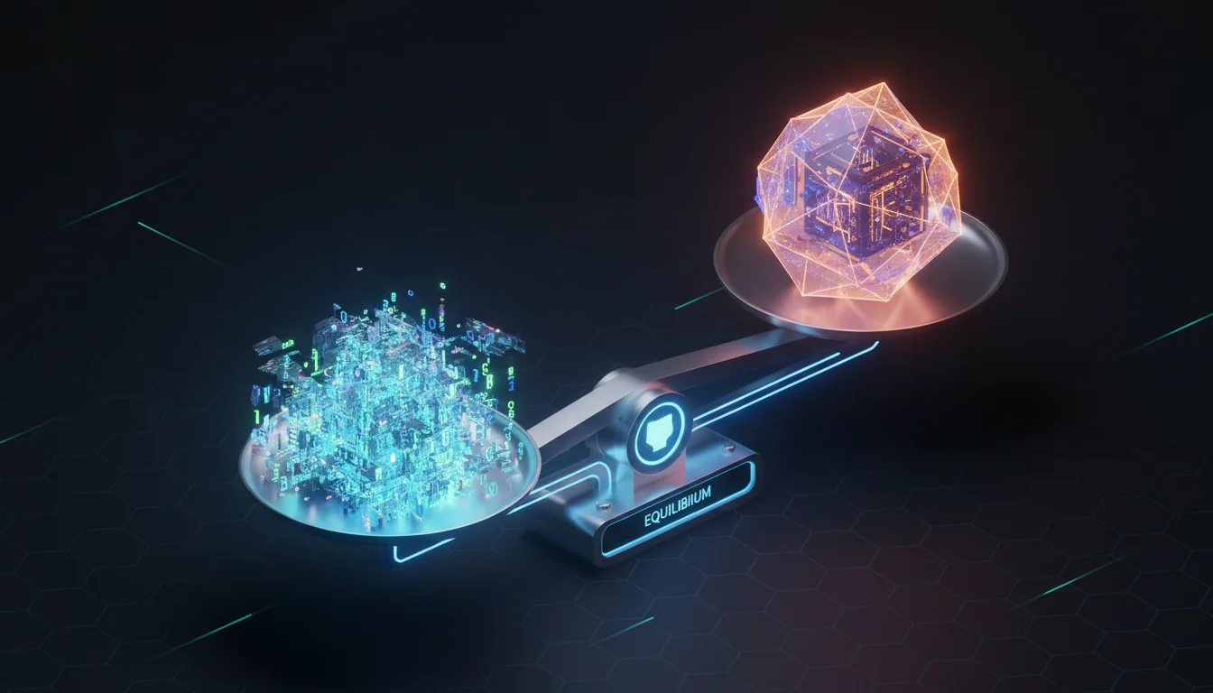 A conceptual 3D isometric illustration of a digital scale balancing abstract text fragments and code snippets on one side against a singular, glowing, complex crystalline 'Compute Unit' on the other. Soft neon lighting, minimalist tech style, high resolution.
