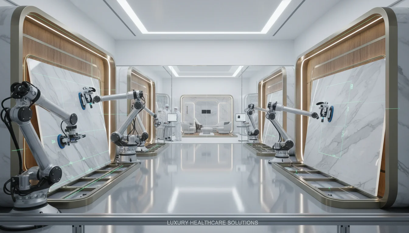 A sophisticated, high-tech factory floor showing the prefabrication of luxury clinic interior modules, with robotic arms and precision tools assembly high-end wood paneling and marble surfaces in a bright, clean industrial setting.