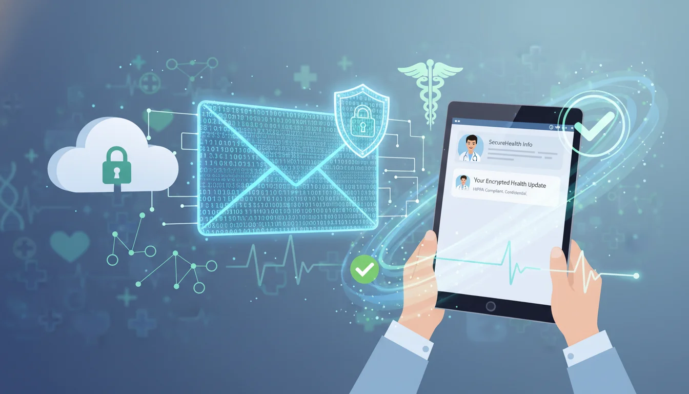 A vibrant visual representing secure email marketing in a healthcare context, showing an encrypted email envelope flowing smoothly into a patient's inbox on a digital device, surrounded by trust symbols and subtle medical imagery, conveying frictionless and compliant communication.