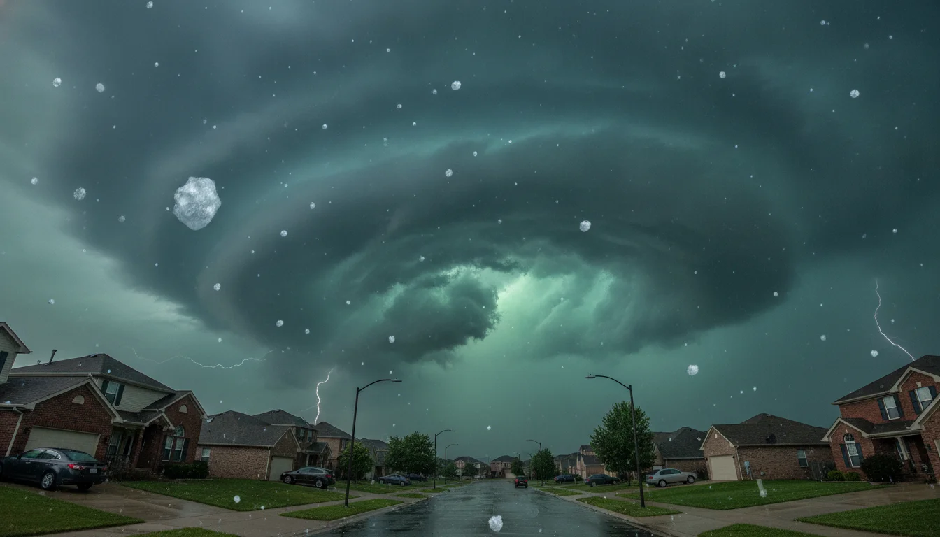 A cinematic wide shot of a massive, swirling supercell storm cloud looming over a suburban neighborhood in the American Midwest. Large hailstones are visible falling from the dark, greenish sky, impacting house roofs. The lighting is dramatic and moody, high detail, 8k resolution.