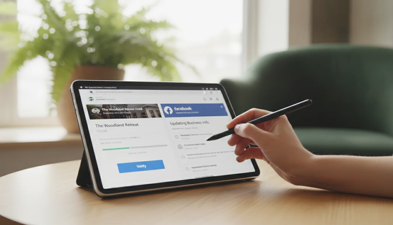 A high-quality photo of a tablet displaying a hotel's TripAdvisor and Facebook business pages being updated. A professional hand is using a stylus to tap a 'Verify' button. The lighting is bright and airy with forest-green accents in the background.