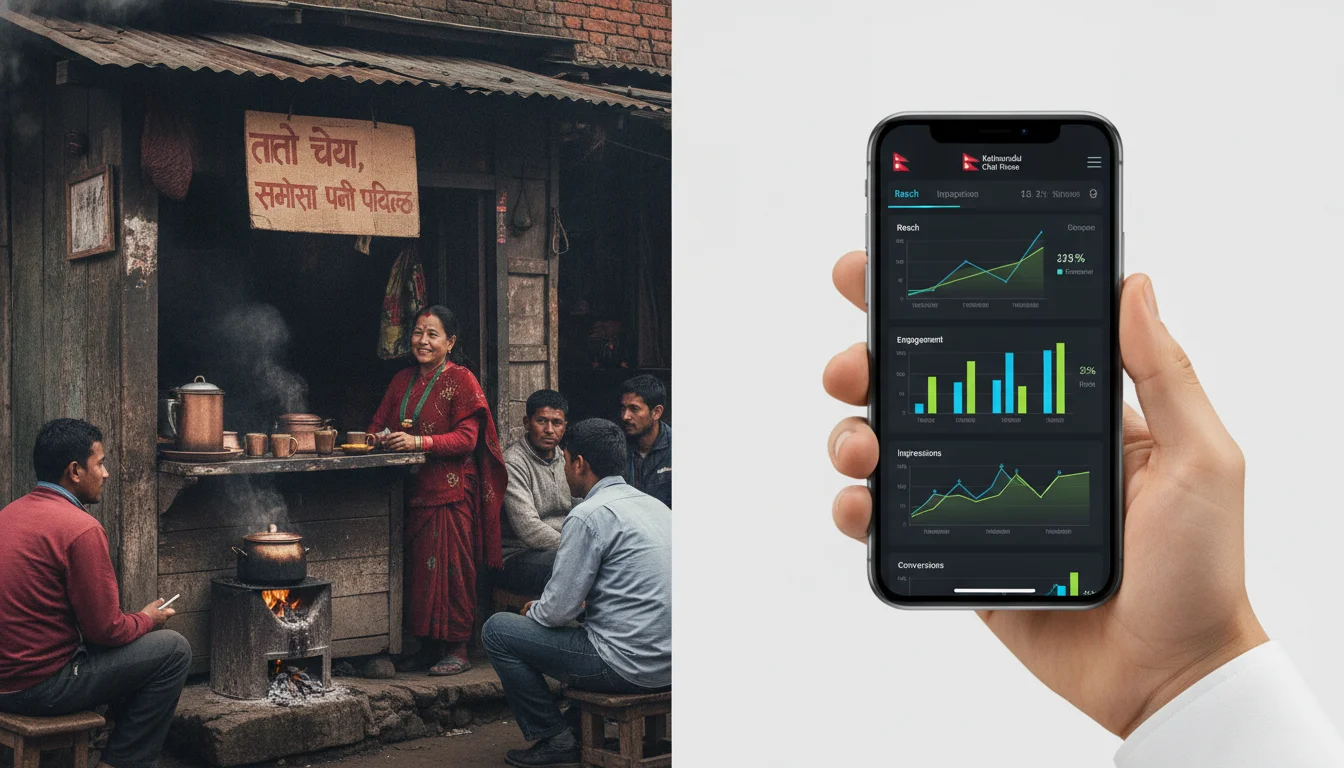 A side-by-side conceptual image showing a traditional Nepali tea stall with a handwritten sign next to a modern smartphone displaying a sophisticated social media analytics dashboard. Realistic style, sharp focus, vibrant colors, representing the bridge between traditional business and digital marketing in Nepal.