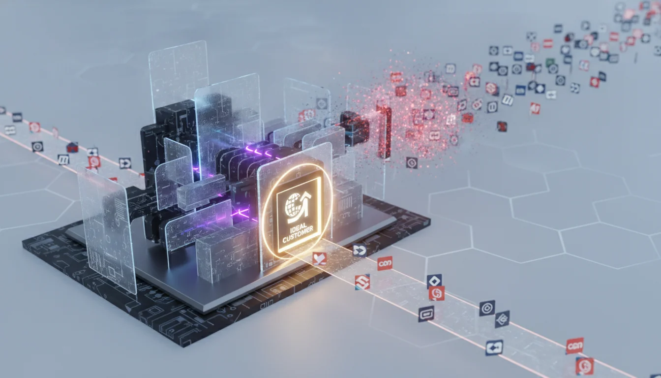 A conceptual 3D render of a high-tech filter system where a stream of abstract company icons is being sorted into a single, highlighted 'Ideal Customer' slot, glowing elements, professional corporate design, 8k resolution.