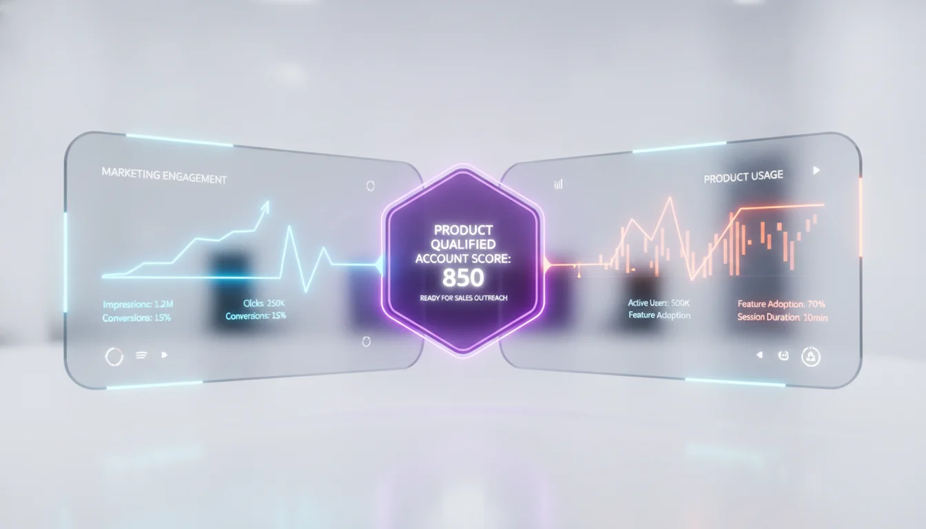 A futuristic dashboard interface showing two data streams—marketing engagement and product usage—converging into a single 'Product Qualified Account' score, sleek glass-morphism style, neon accents on a white background.