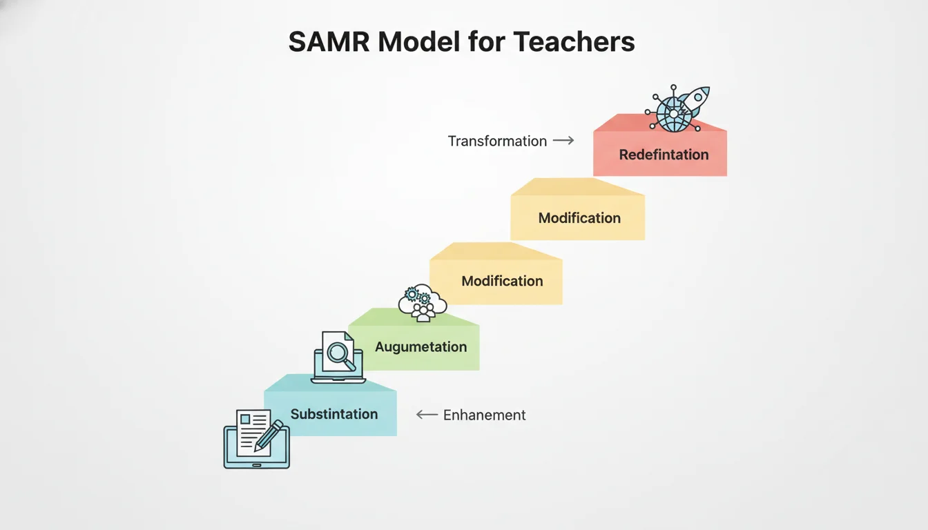 A professional and clean infographic representation of the SAMR model for teachers, showing a ladder transitioning from Substitution to Redefinition with colorful icons representing classroom technology integration, minimalist design, high resolution.