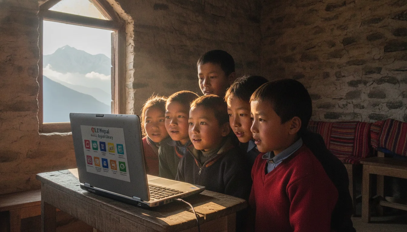 An inspiring photograph of students in a rural, high-altitude classroom in Nepal, excitedly looking at a laptop screen together in a classroom with stone walls, showing the OLE Nepal digital library, warm natural lighting, authentic and a sense of wonder and curiosity, high-quality photography style.